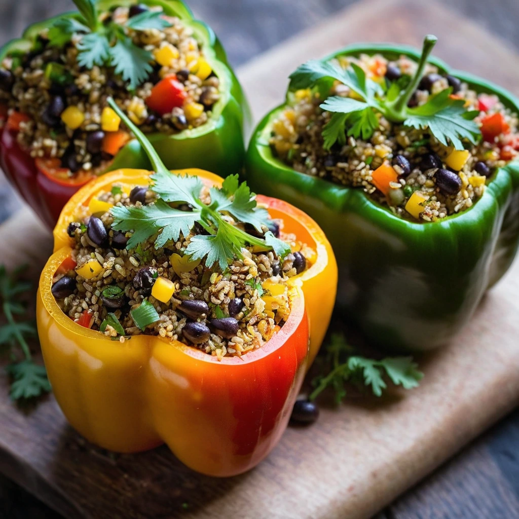 Colorful bell peppers stuffed with golden quinoa and colorful vegetables, topped with fresh cilantro on a rustic wooden board.