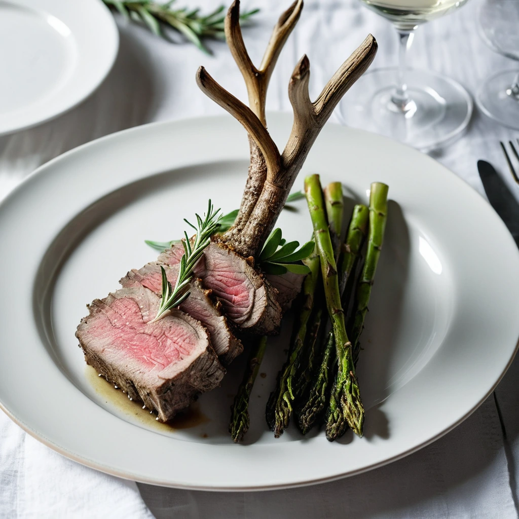 Rack of lamb with a golden crust on a white plate, garnished with sprigs of rosemary