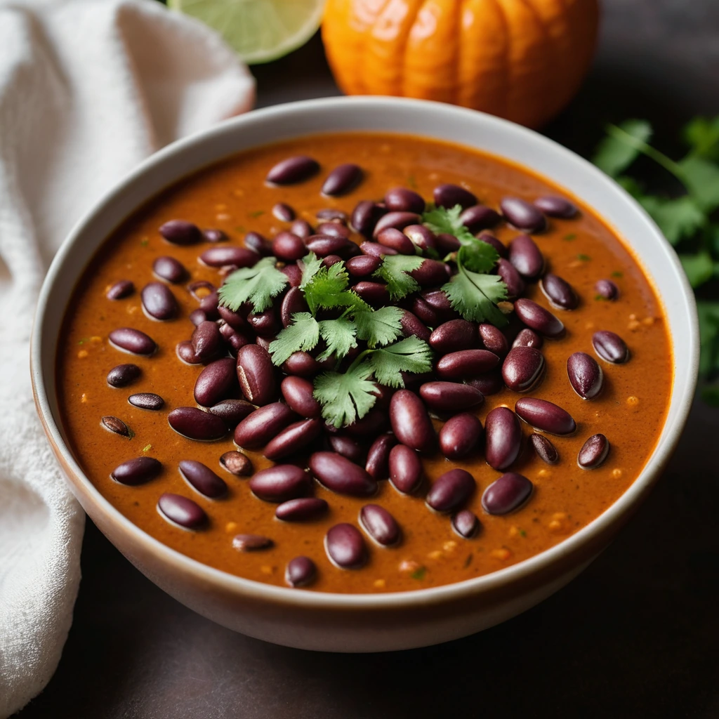 A bowl of kidney beans in a vibrant orange sauce with fresh cilantro sprinkled on top.