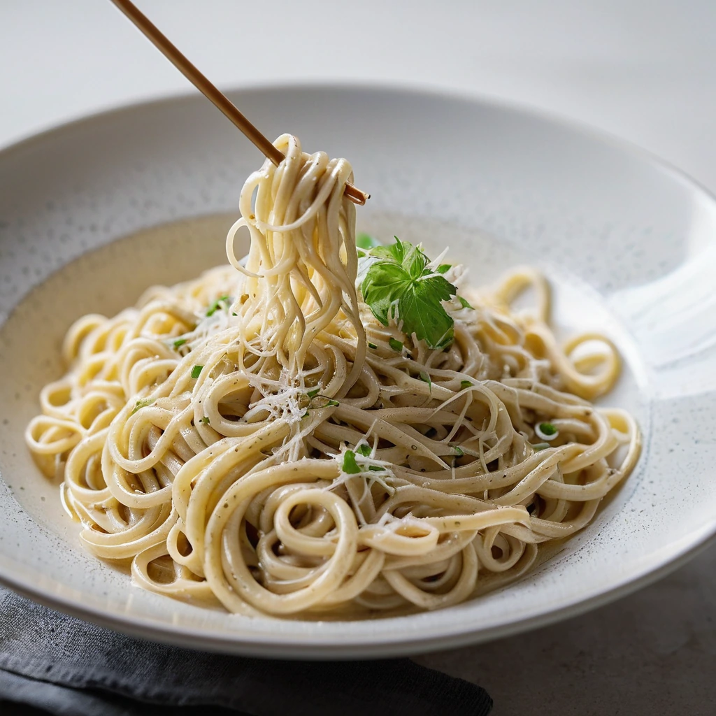 golden ramen noodles twirled on a fork with a creamy white sauce and grated parmesan atop
