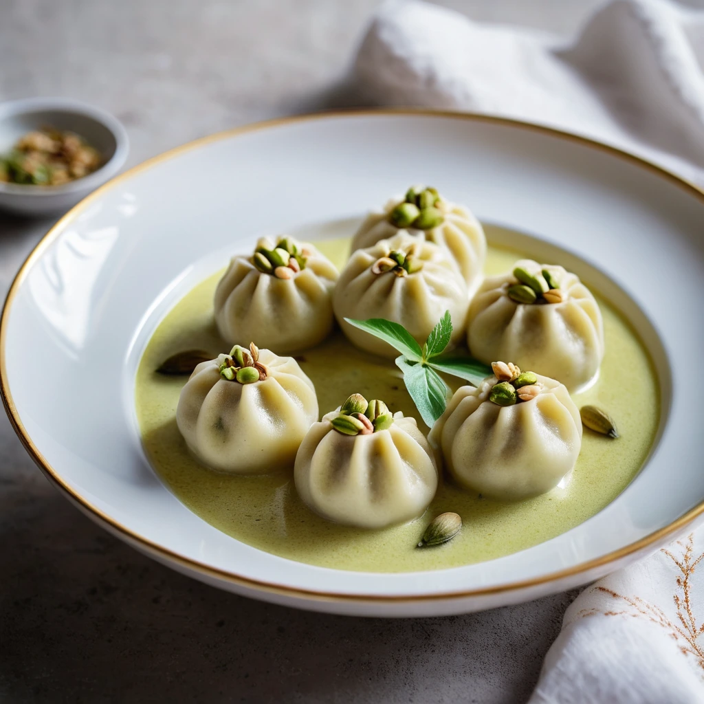 Steamed dumplings in a golden milk sauce with cardamom pods and pistachio garnish in a white bowl