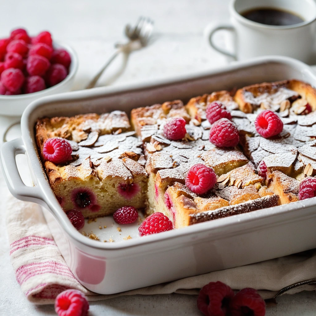Golden-brown baked French toast casserole with raspberries and almond slices in a rectangular baking dish.