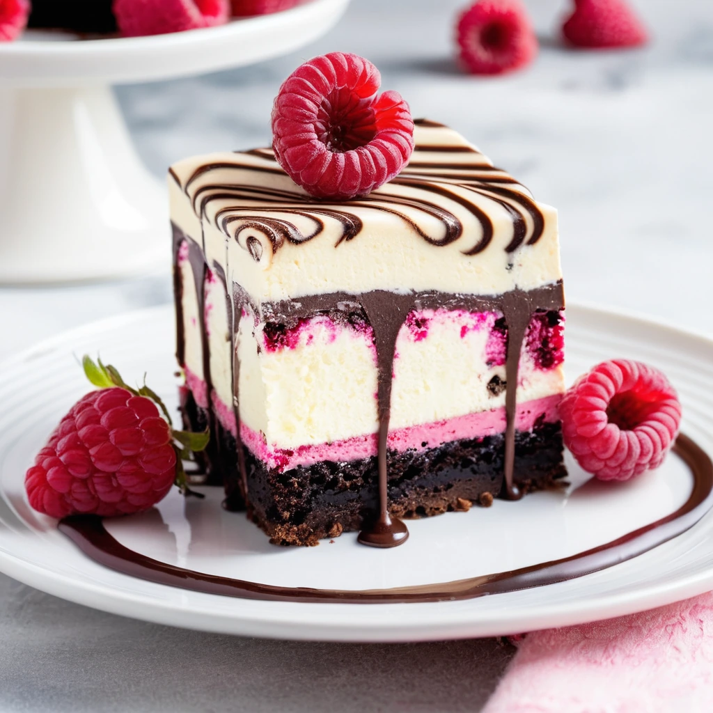 Square slices of brownie cheesecake with a dark chocolate base, light cream cheese layer, and pink raspberry swirls on top.