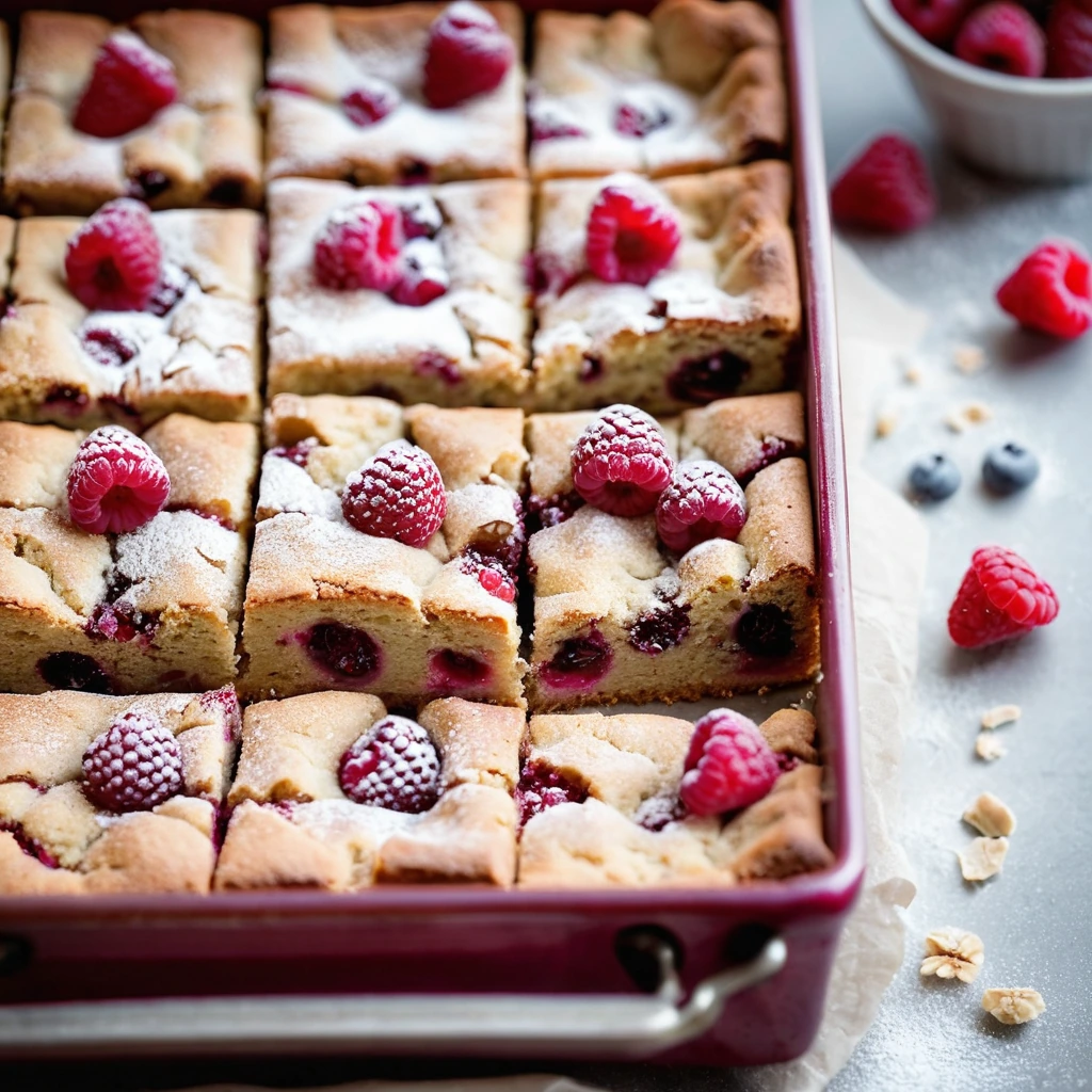 Golden brown blondies dusted with powdered sugar, dotted with red raspberries and white chocolate chunks in a square baking pan.