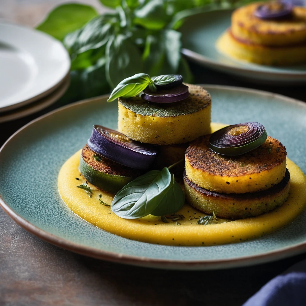 Colorful ratatouille served alongside golden herbed polenta cakes on a rustic plate.