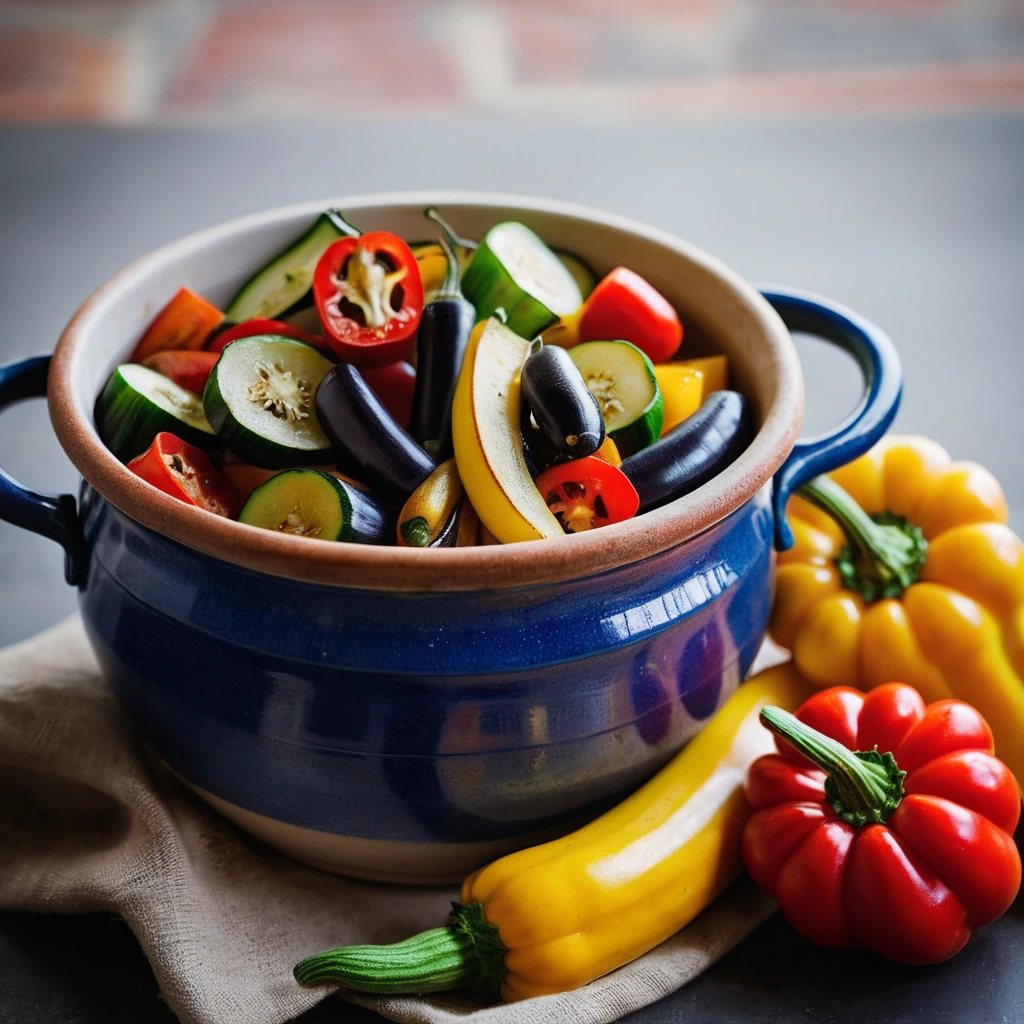A rustic earthenware bowl filled with colorful ratatouille, with golden zucchini, red bell peppers, and eggplant simmered to perfection.