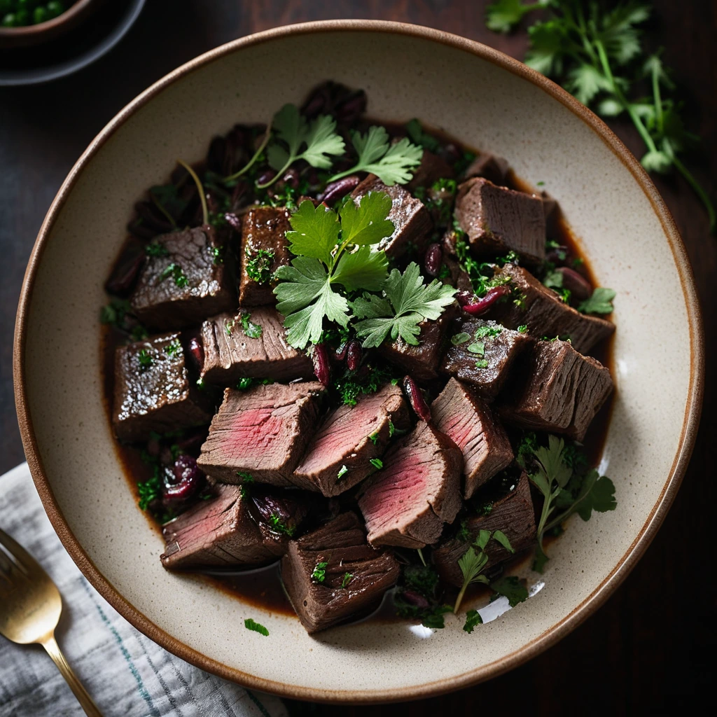 Braised beef in a deep brown sauce served in a shallow bowl, sprinkled with green herbs.