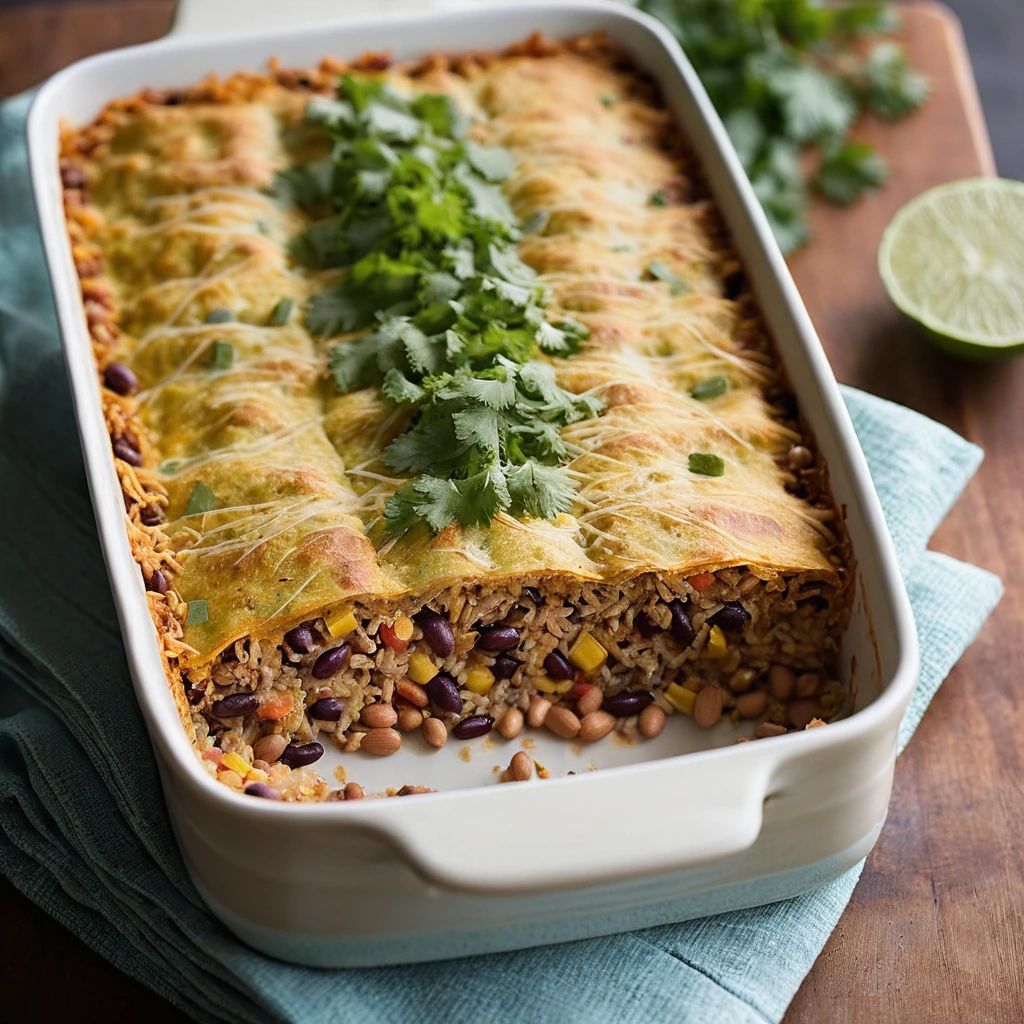 Baked casserole with golden cheese crust, colorful rice and beans layers, served in a rectangular baking dish.