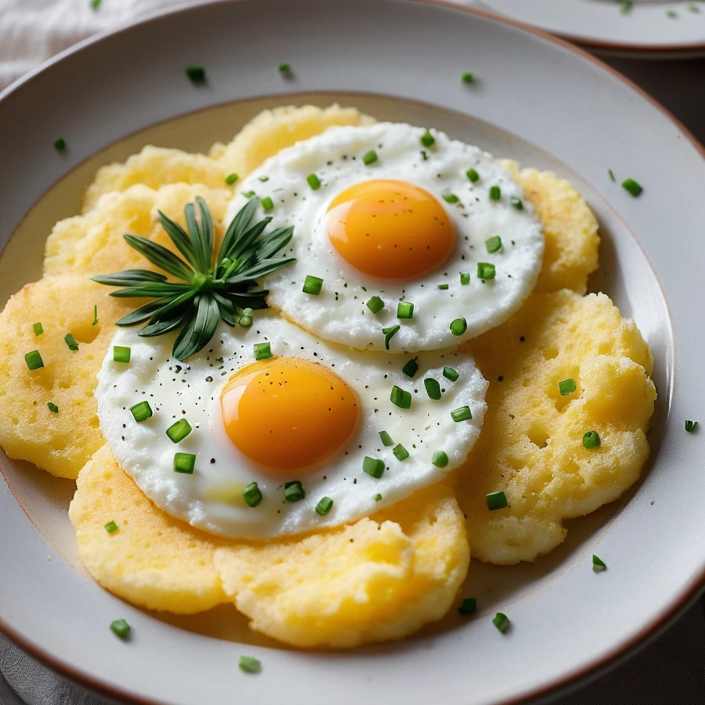 Golden fried eggs atop a creamy bowl of yellow cheesy grits, sprinkled with fresh chives.