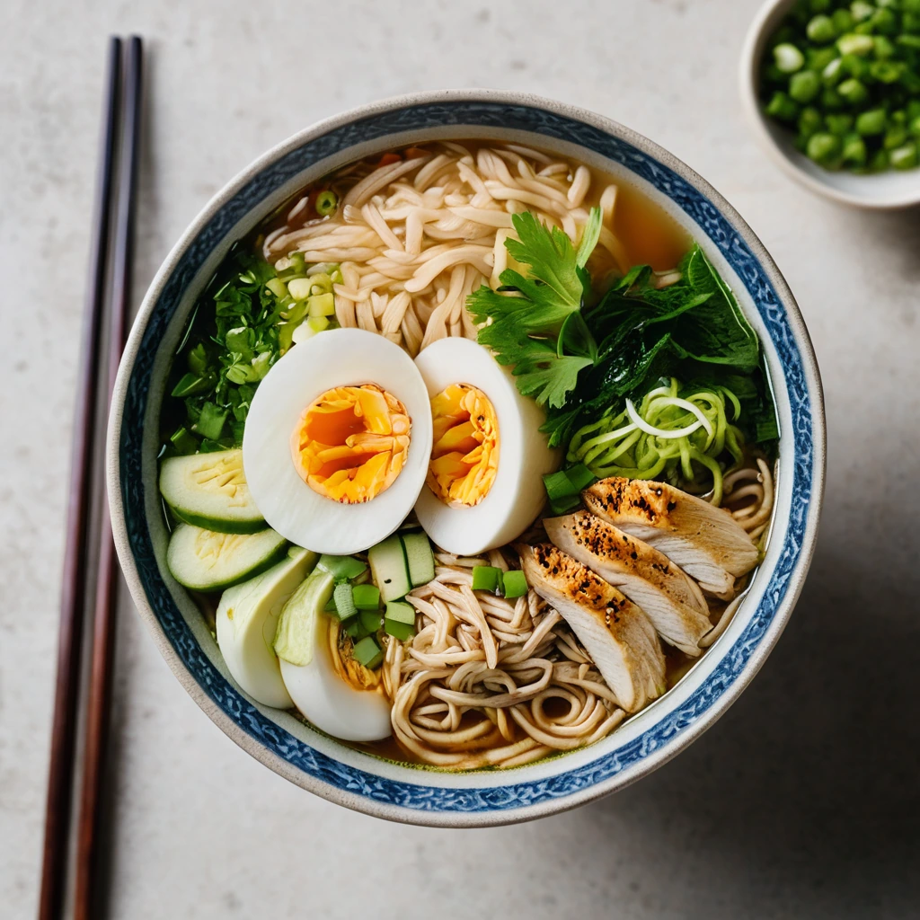 A steaming bowl of ramen topped with shredded chicken, vibrant greens, and a soft-boiled egg.