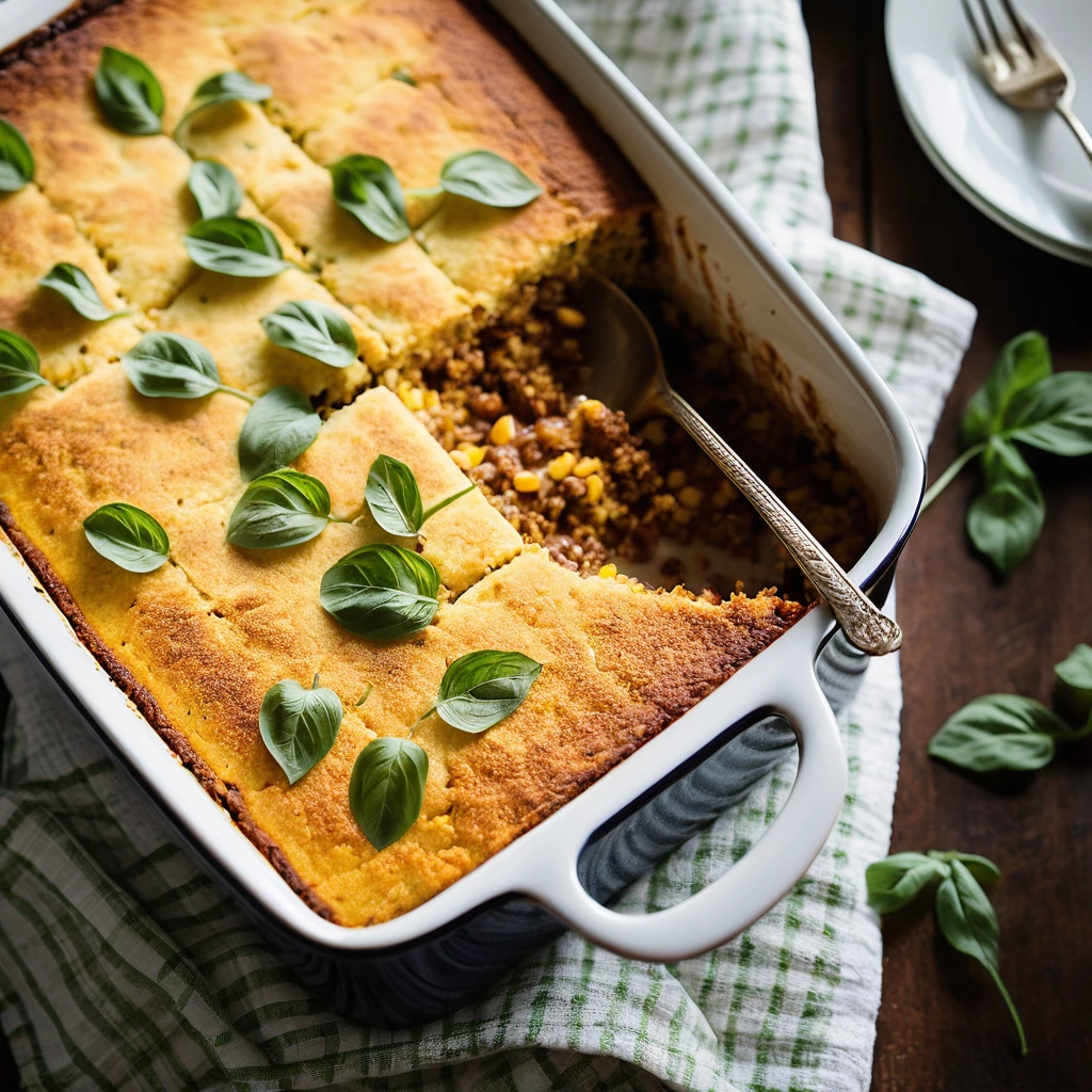 Golden cornbread baked into a bubbling chili casserole in a rectangular dish, sprinkled with cheese.