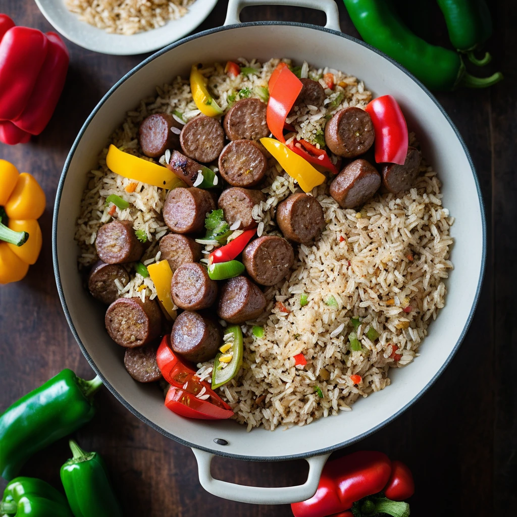 Golden rice with green and red bell peppers and browned sausage slices in a single pan.