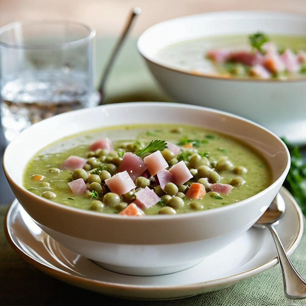 A steaming bowl of thick golden soup with chunks of ham and peas, garnished with fresh parsley.