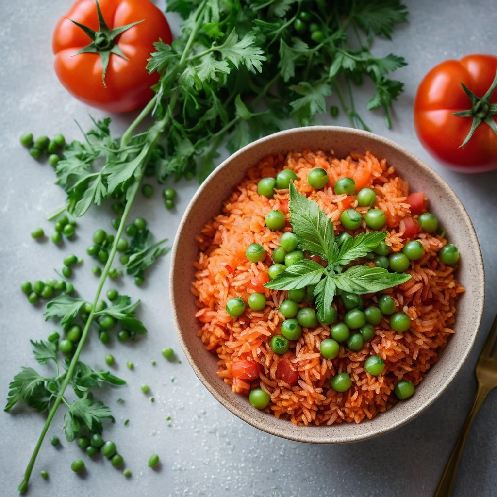 A golden bowl of rice with red tomato sauce and green peas, topped with fresh parsley.