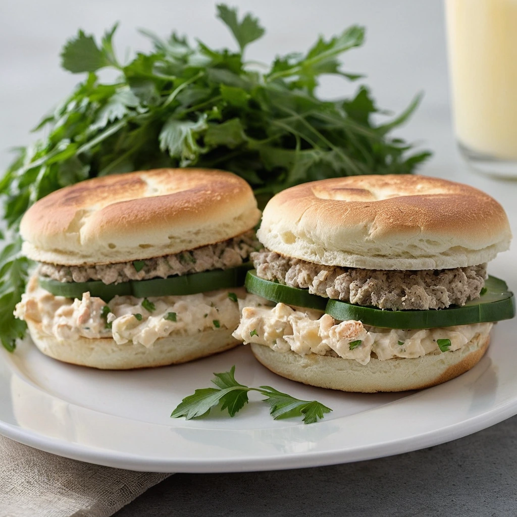 Two split English muffins with melted cheese and tuna salad in a toasted golden brown color, garnished with fresh parsley.