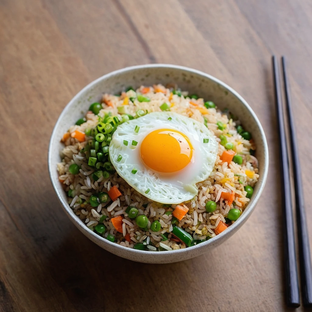 Colorful fried rice in a bowl topped with a sunny-side-up egg and green onions