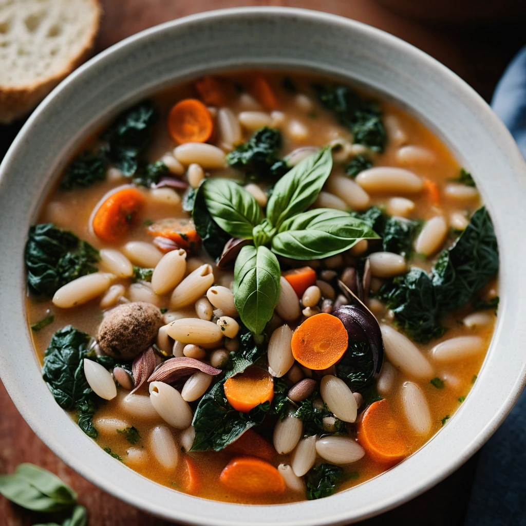 A steaming bowl of chunky vegetable soup with white beans and dark bread, topped with fresh basil.