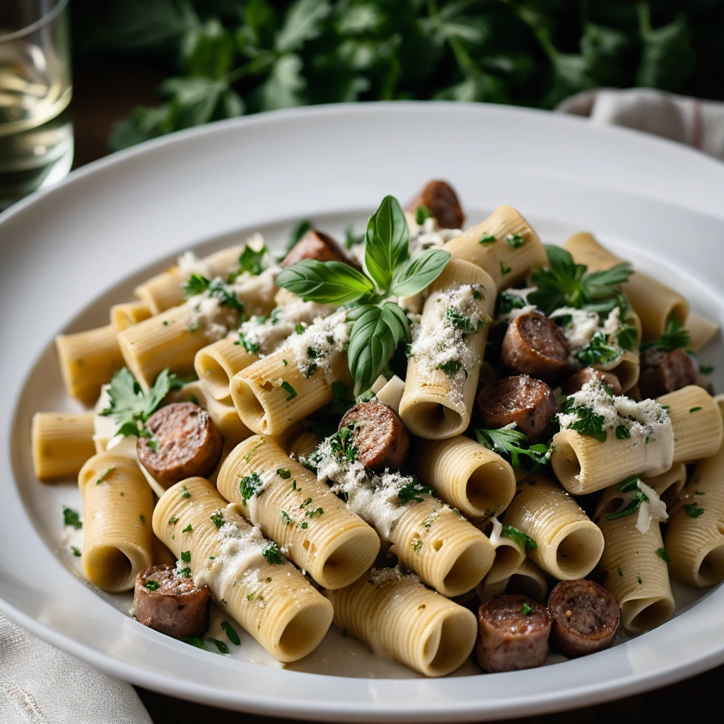 Piping hot rigatoni in a golden creamy sauce topped with crumbled Italian sausage and fresh parsley.