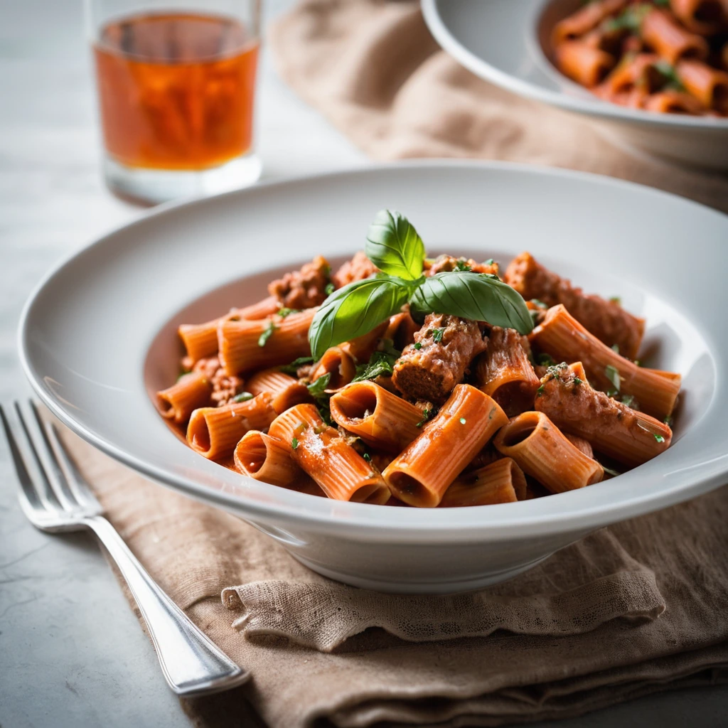 Rigatoni pasta in a vibrant red sauce with crumbled Italian sausage served in a shallow bowl, garnished with fresh parsley.
