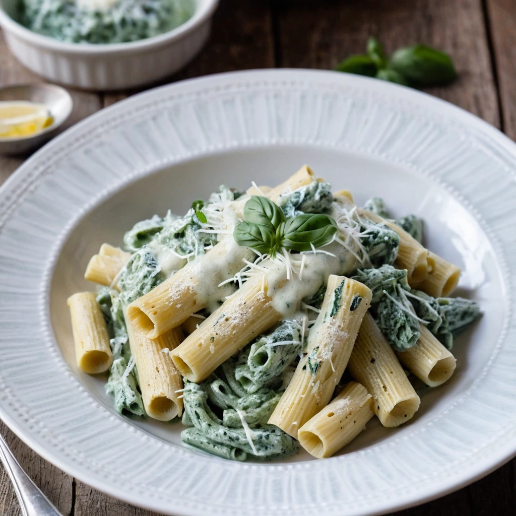 Rigatoni with Spinach Alfredo Sauce