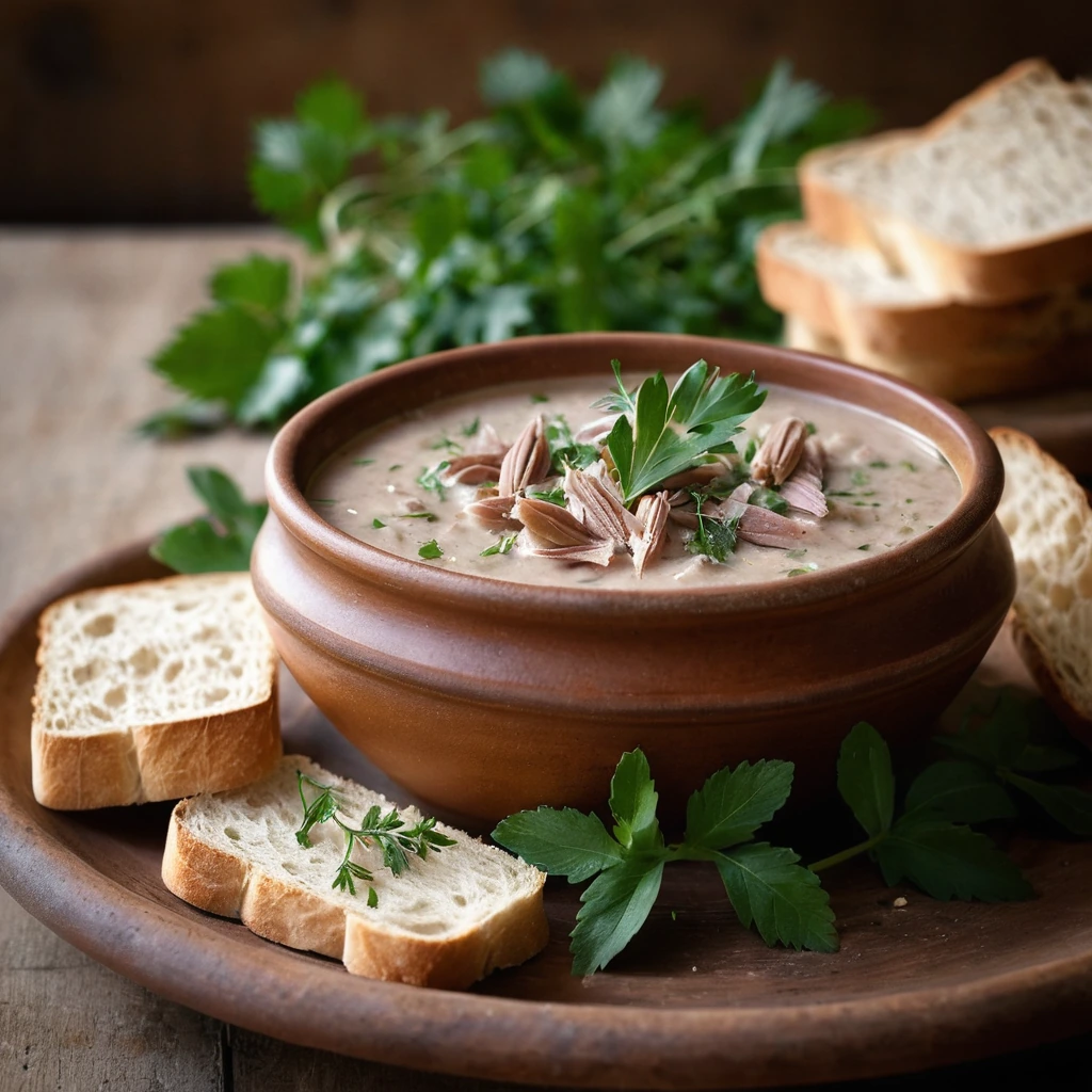Rustic terracotta bowl filled with golden brown rillettes, topped with a sprinkle of fresh herbs, served with sliced baguette.