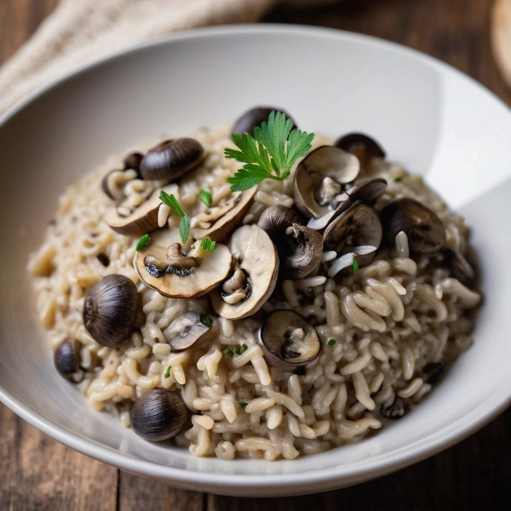 Golden risotto in a bowl topped with sliced mushrooms and grated parmesan, served on a rustic wooden table.