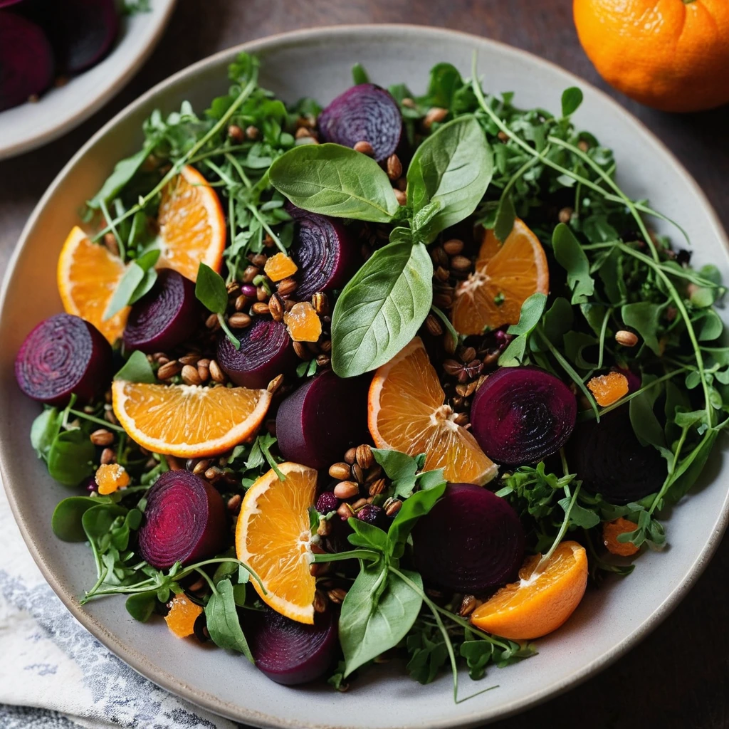 A bowl of mixed roasted beets and orange lentils topped with fresh herbs and citrus slices
