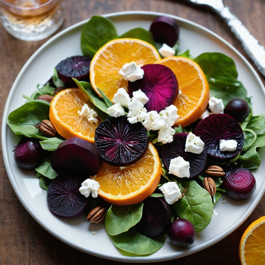 Colorful salad with roasted beets, orange slices, and white goat cheese crumbles on a rustic wooden bowl.