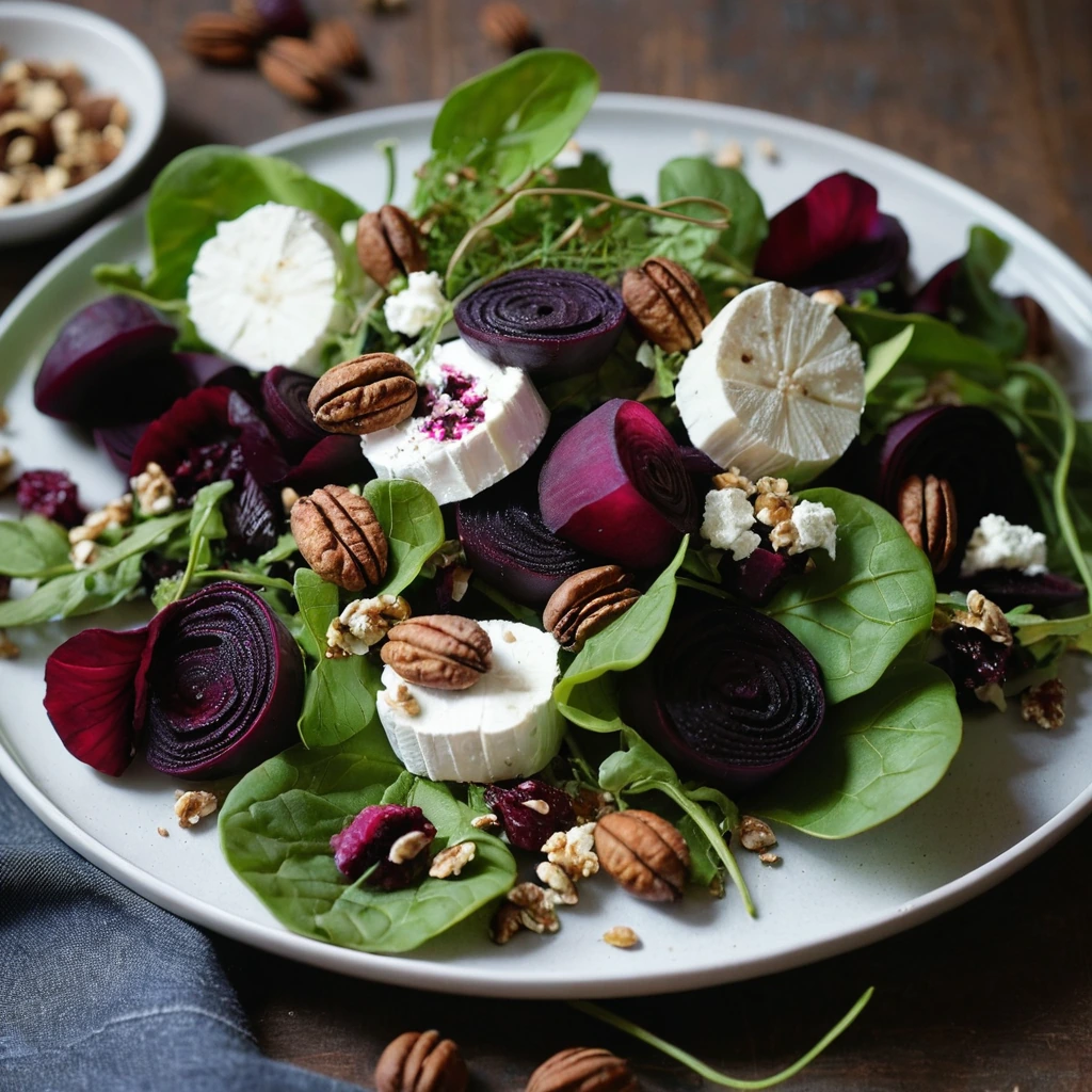 Colorful salad with roasted beets, crumbled goat cheese, and toasted walnuts in a green bed of mixed greens.