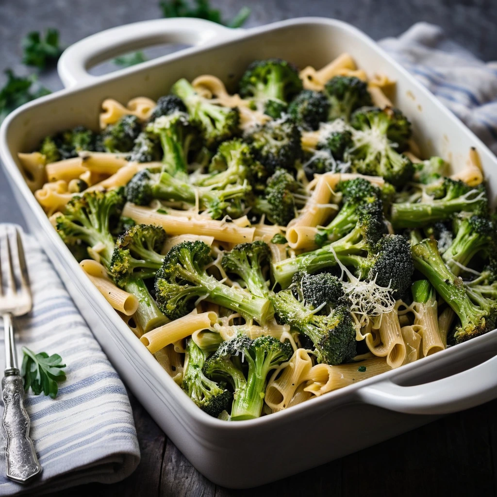Golden-brown pasta bake in a casserole dish with roasted broccoli and melted cheddar cheese on top.