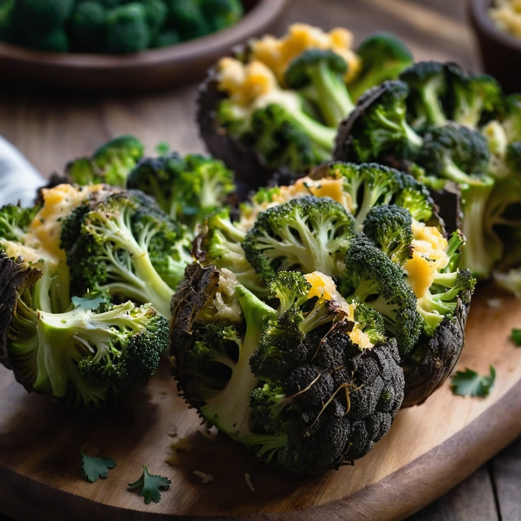 Four halved baked potatoes stuffed with roasted broccoli and melted cheddar cheese, garnished with fresh parsley on a rustic wooden board.