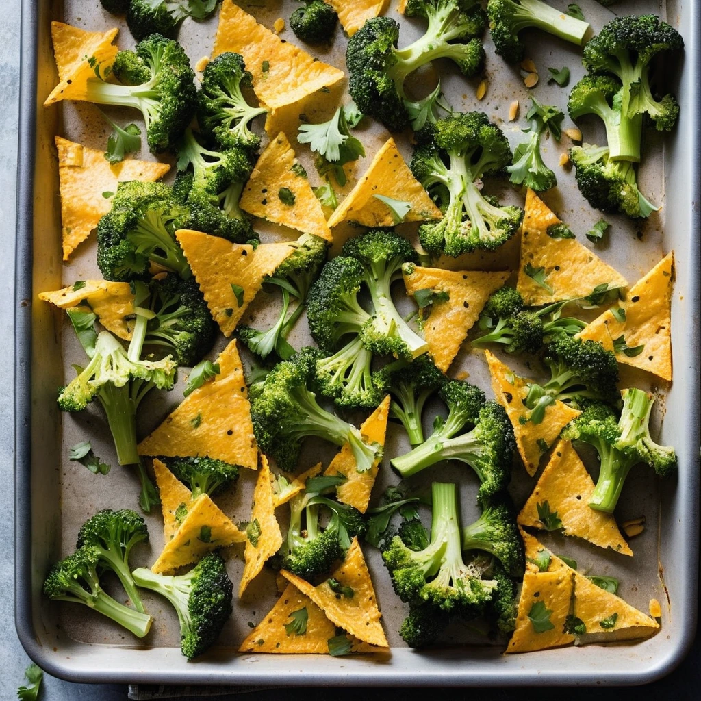 Golden tortilla chips topped with roasted broccoli florets and melted orange cheddar cheese, sprinkled with fresh cilantro.