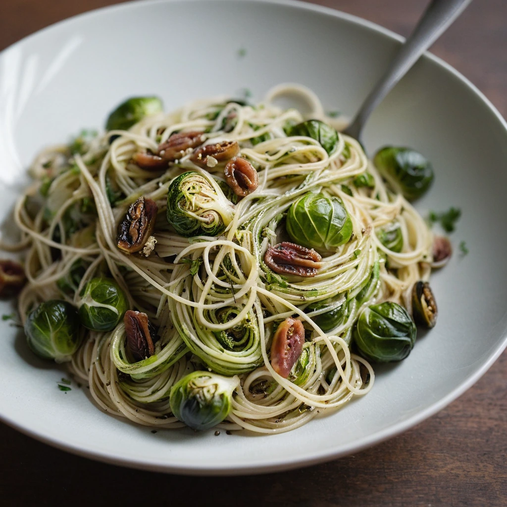 Spaghetti twirled on a fork with roasted golden brown brussels sprouts and crispy pancetta bits scattered throughout.