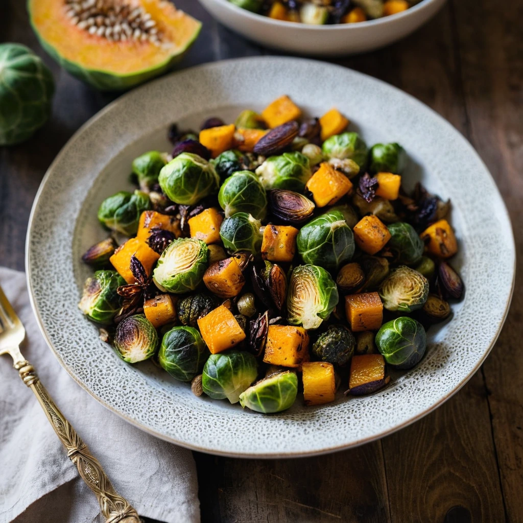 Rustic bowl of roasted Brussels sprouts and butternut squash hash with crispy edges and golden brown color.