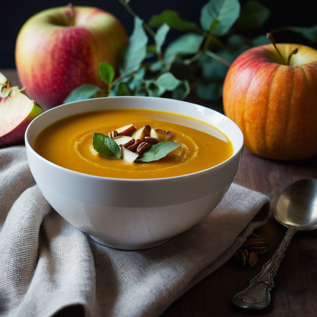 Bowl of creamy golden soup with roasted butternut squash cubes and apple slices, garnished with fresh thyme.
