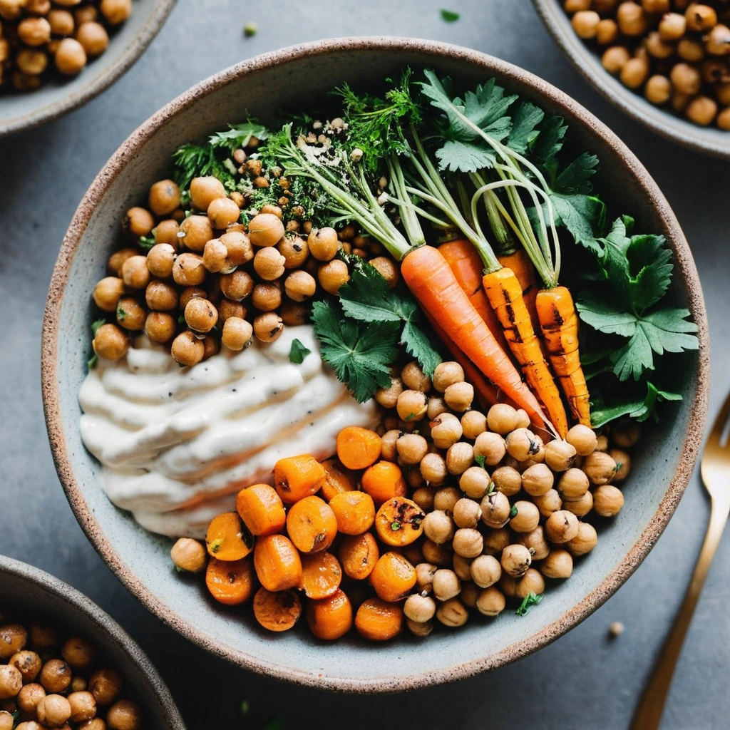 Colorful bowl with roasted orange carrots, golden chickpeas, and a drizzle of creamy tahini sauce