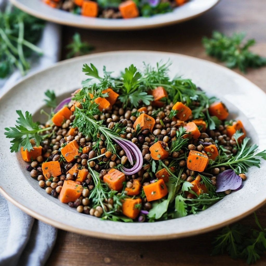 Colorful roasted carrot and lentil salad in a shallow bowl, sprinkled with fresh herbs.
