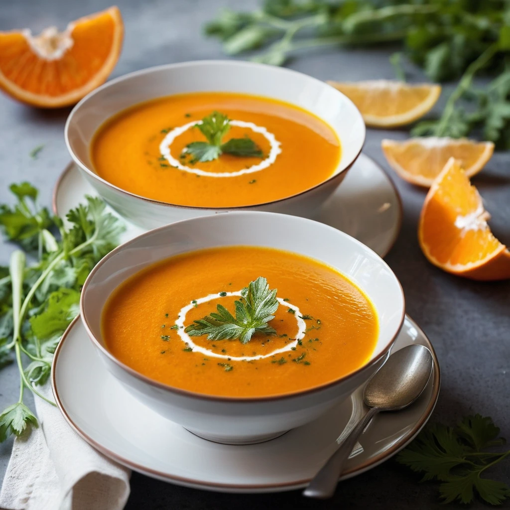 Steamy orange soup in a white bowl, garnished with fresh cilantro.