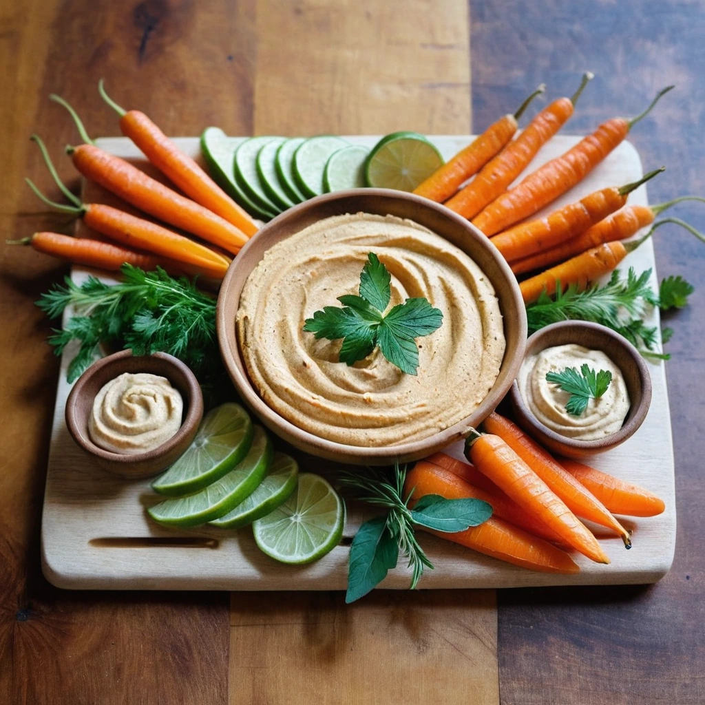Colorful wooden board with roasted orange carrots, creamy hummus, pita triangles, and fresh herbs.