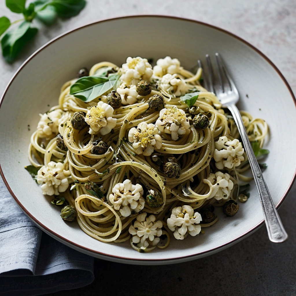 Pasta twirled on a fork with roasted cauliflower florets and scattered capers, drizzled with olive oil.