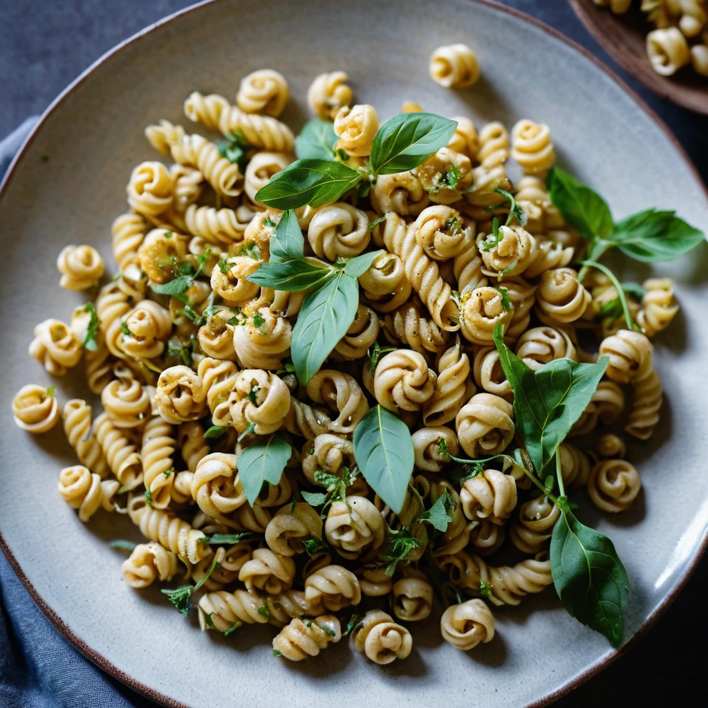 Golden roasted cauliflower florets and chickpeas mixed with twirled pasta on a rustic plate