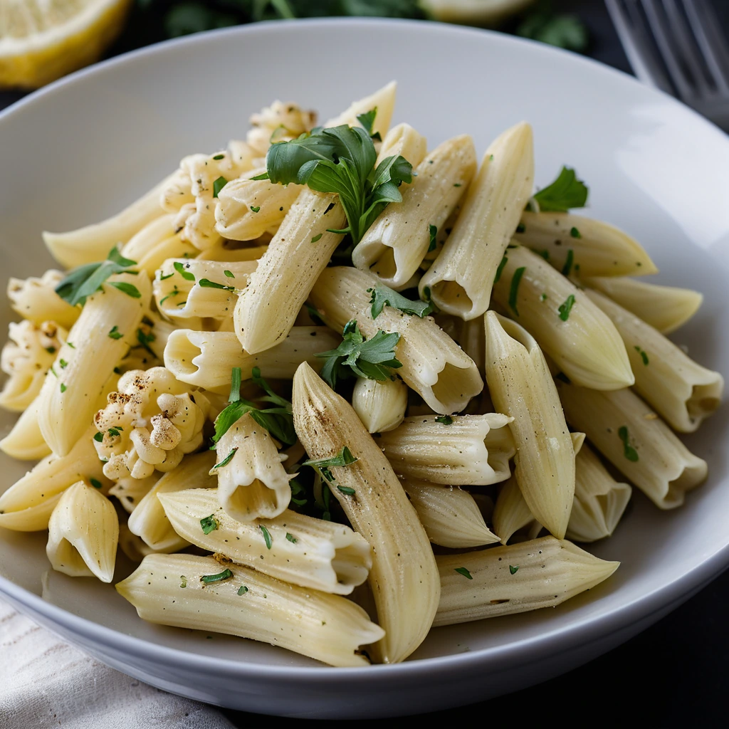 Penne pasta tossed with roasted cauliflower florets in a creamy garlic sauce, sprinkled with parsley.