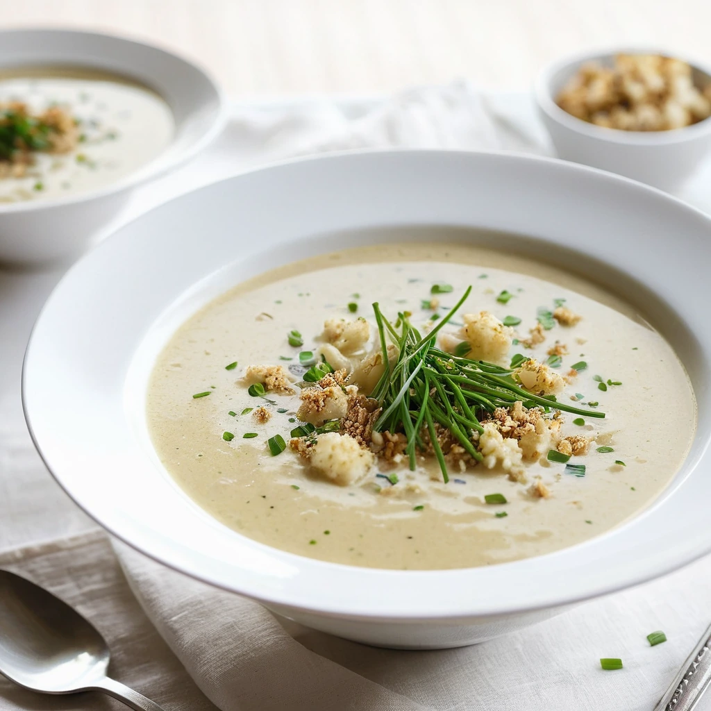 Golden soup in a white bowl garnished with fresh chives and a sprinkle of toasted breadcrumbs.