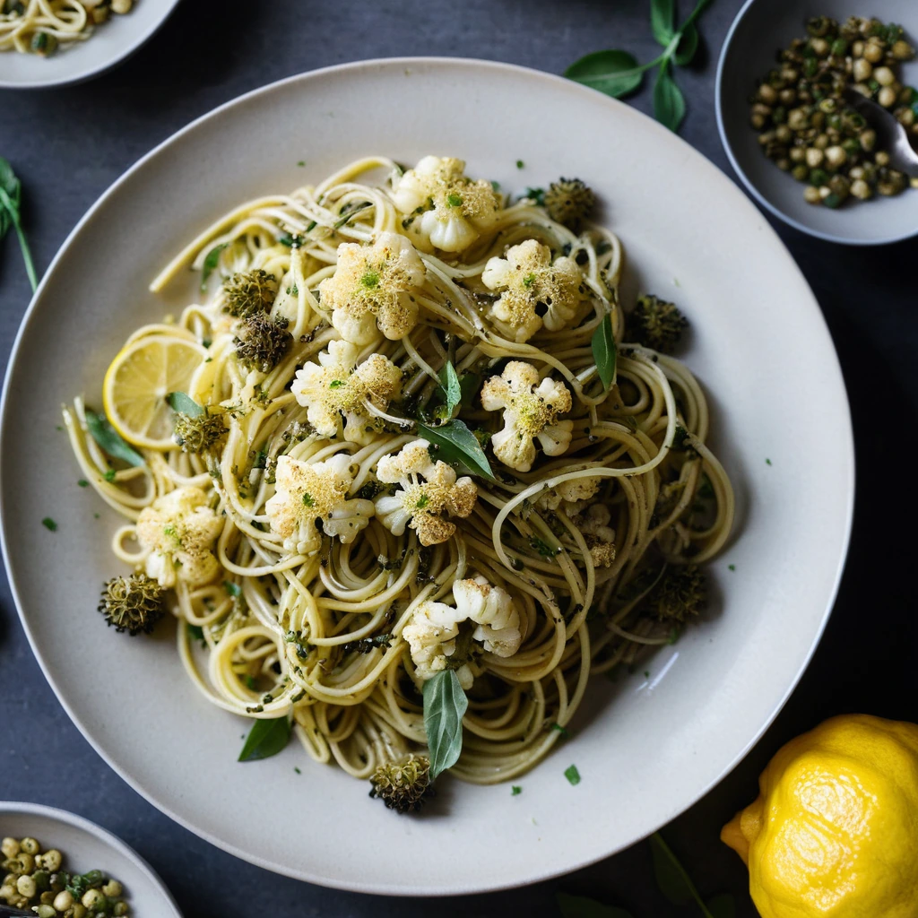 Golden roasted cauliflower over a bed of lemon-infused spaghetti sprinkled with capers