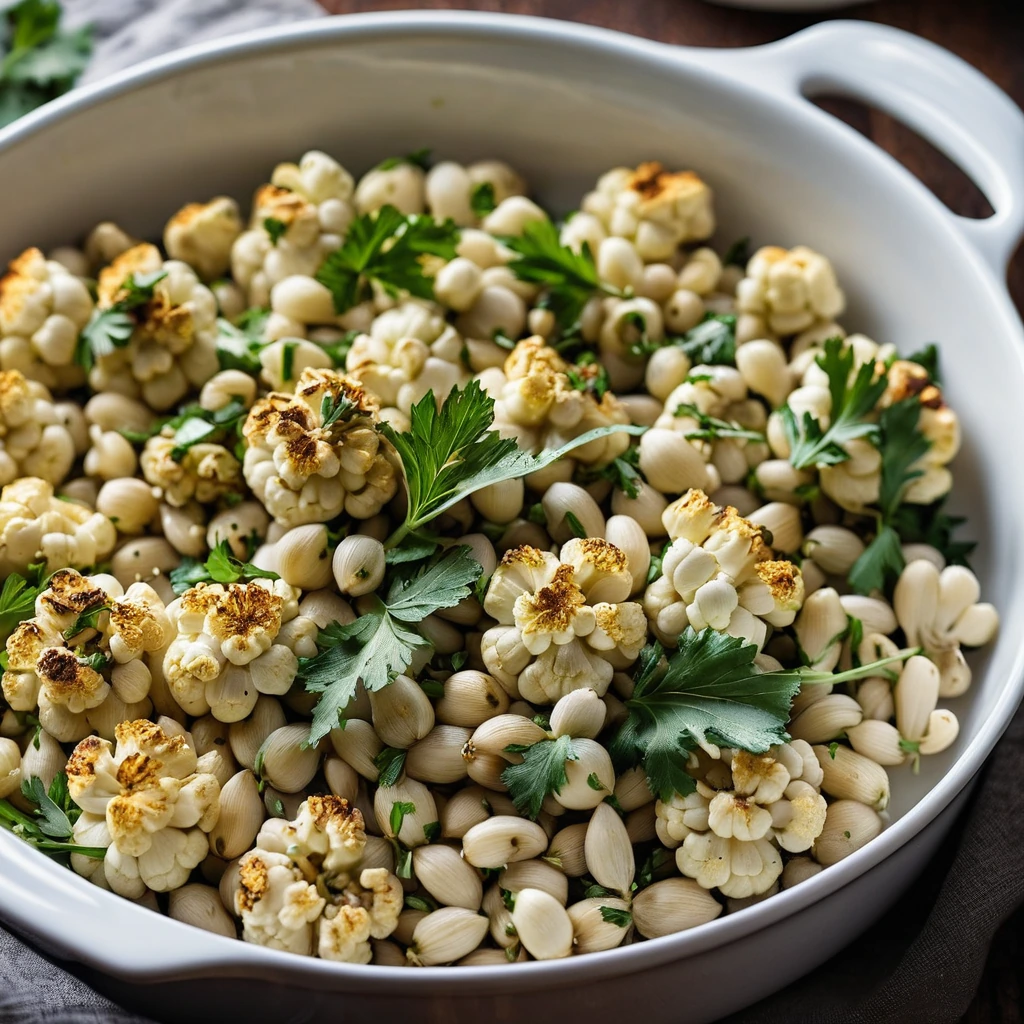 Golden roasted cauliflower and white beans baked in a casserole dish, sprinkled with green parsley.