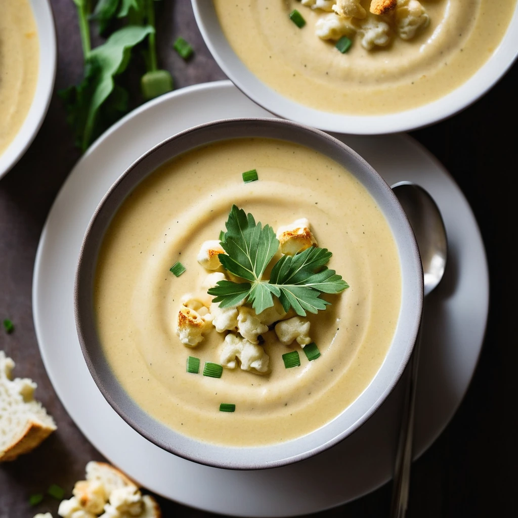 Steamy bowl of golden soup with roasted cauliflower florets and melted cheddar cheese, garnished with fresh chives.