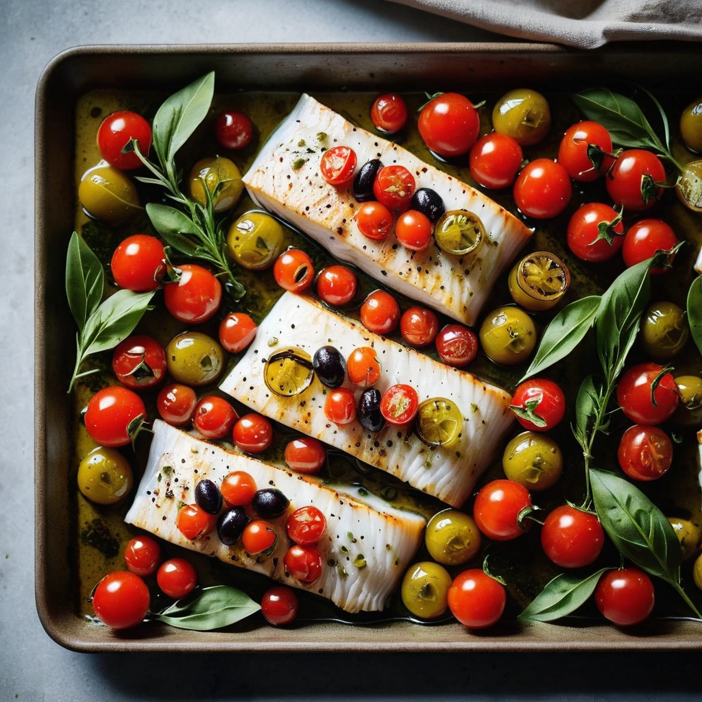 Golden cod fillets on a baking sheet surrounded by red cherry tomatoes and green olives, drizzled with olive oil.