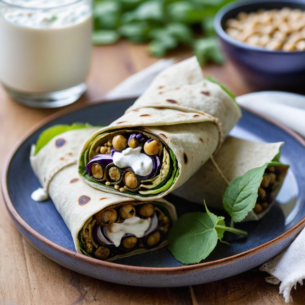 Roasted Eggplant and Chickpea Wraps with Yogurt