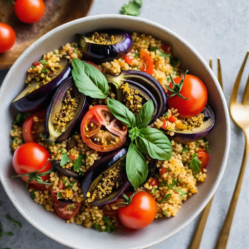 Colorful bowl with golden couscous, roasted eggplant chunks, and halved cherry tomatoes.