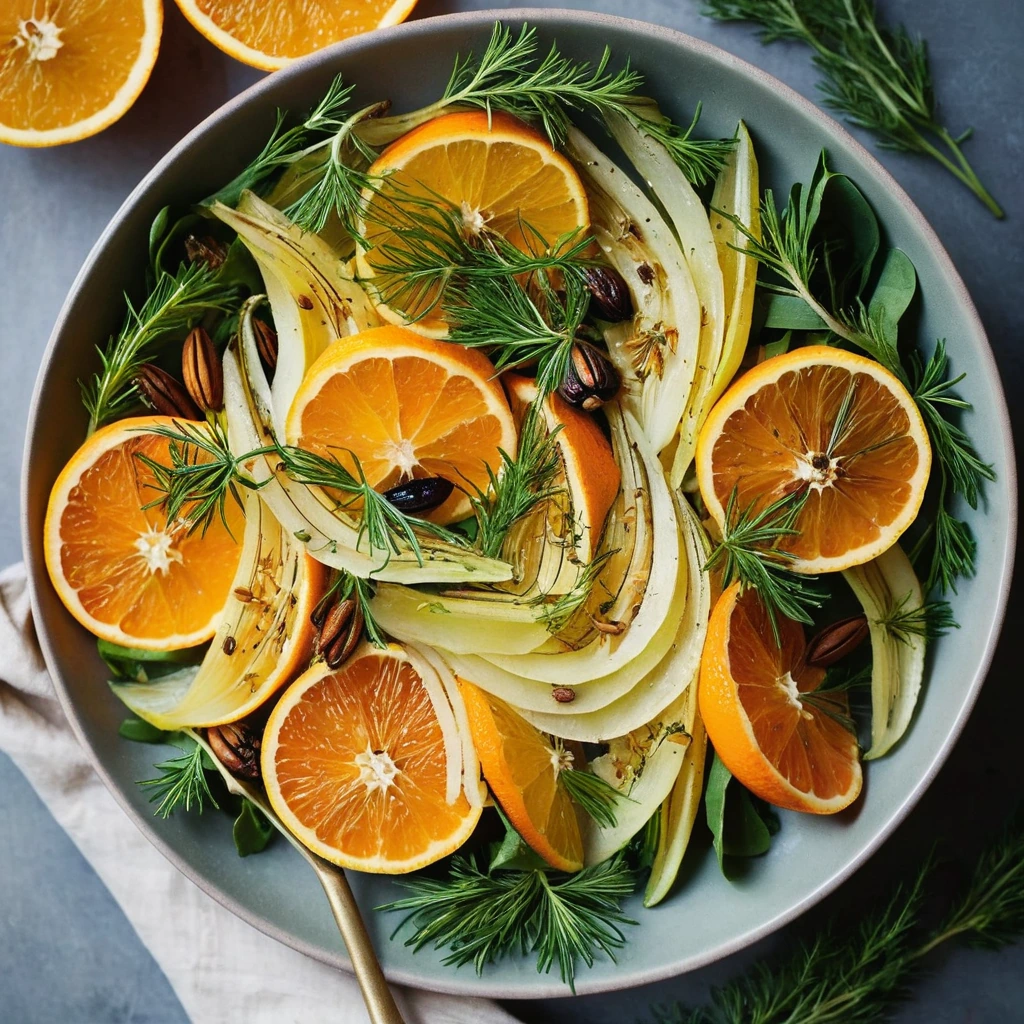 Colorful salad in a shallow bowl with golden roasted fennel, orange slices, and green herbs.
